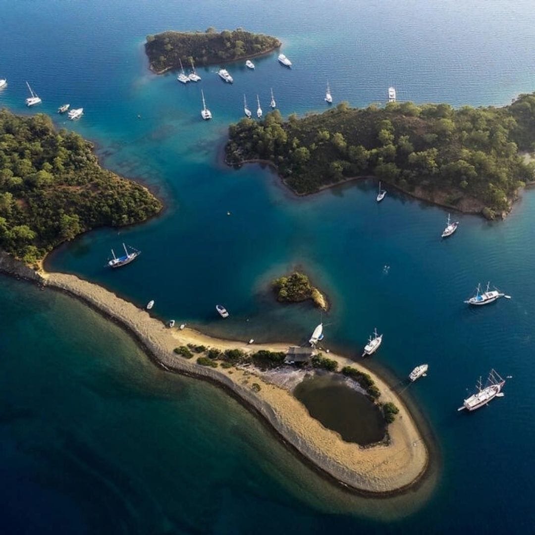 Aerial view of Göcek Twelve Islands with turquoise water and yachts
