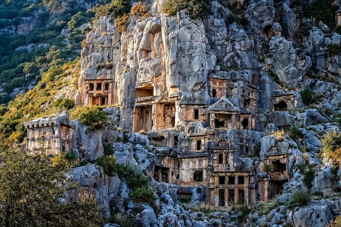 Lycian rock tombs carved into cliffs above Fethiye town